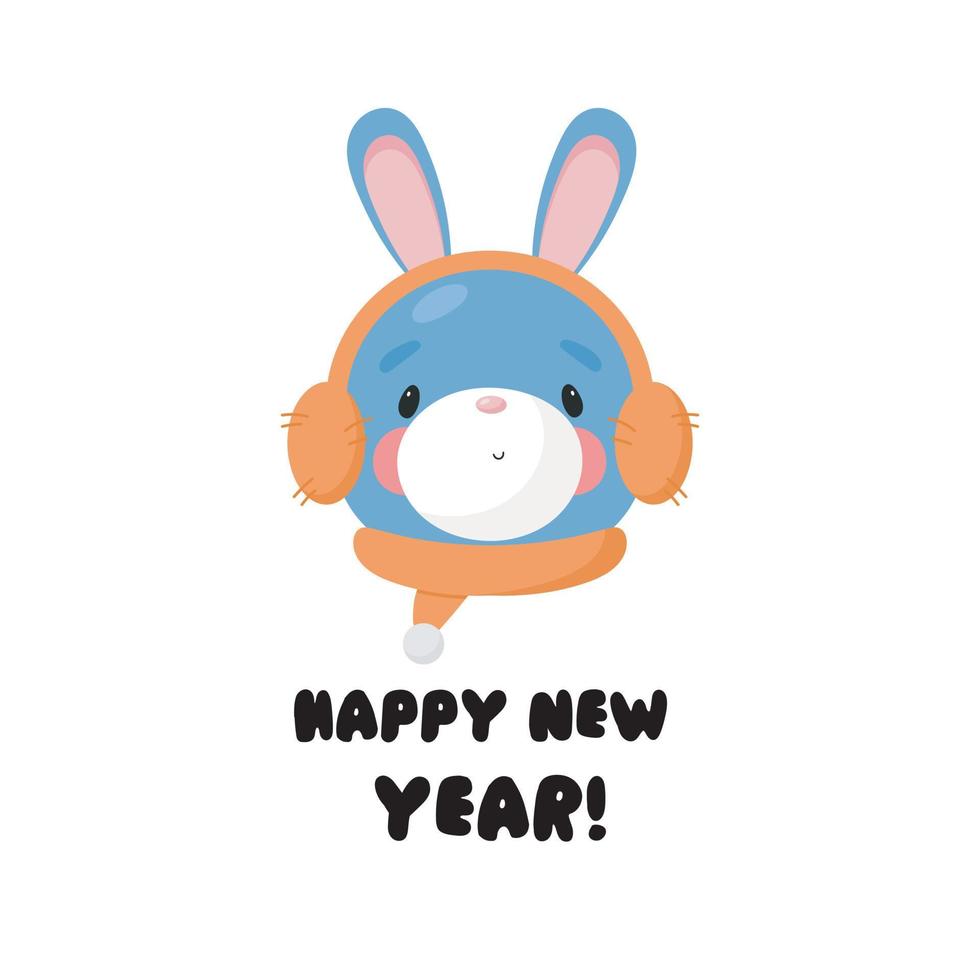 Happy New Year greeting card with cute rabbit. Vector illustration in cartoon style. White background.