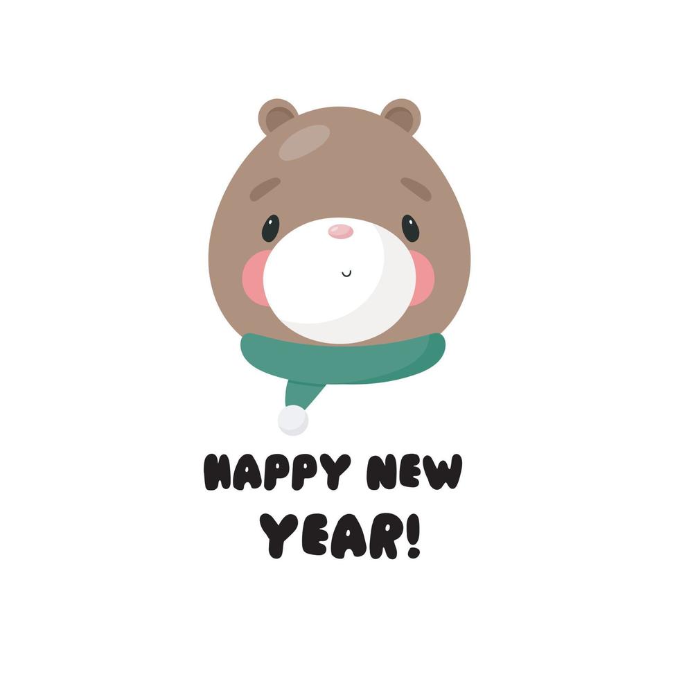 Happy New Year greeting card with cute bear. Vector illustration in cartoon style. White background.