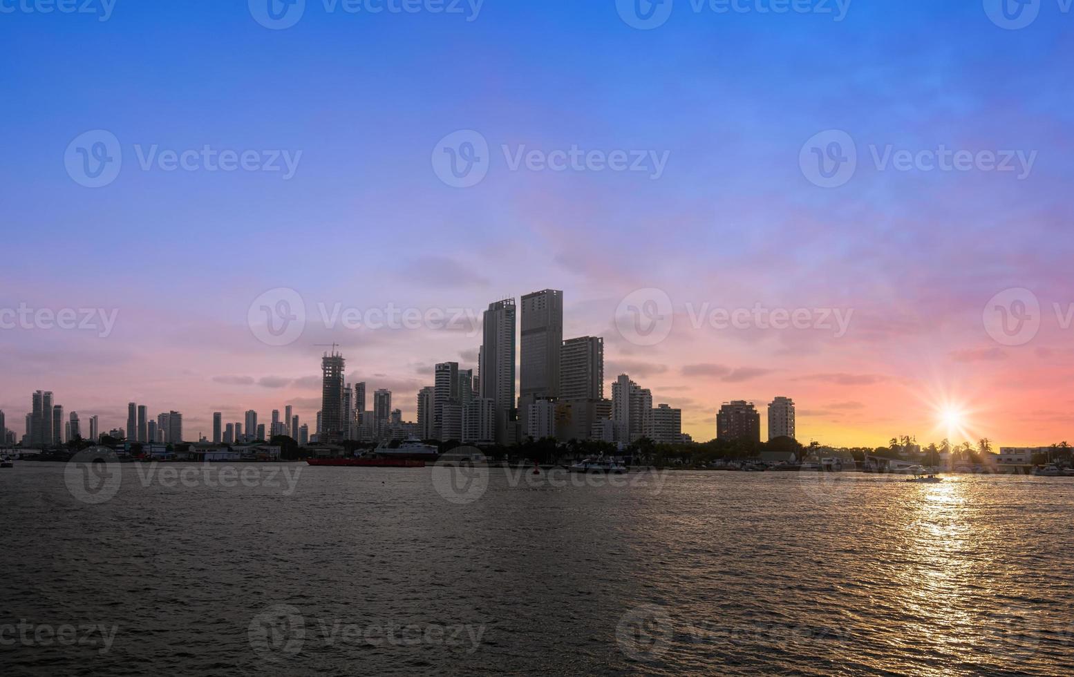 Colombia, scenic Cartagena bay Bocagrande and panorama of city skyline at sunset photo