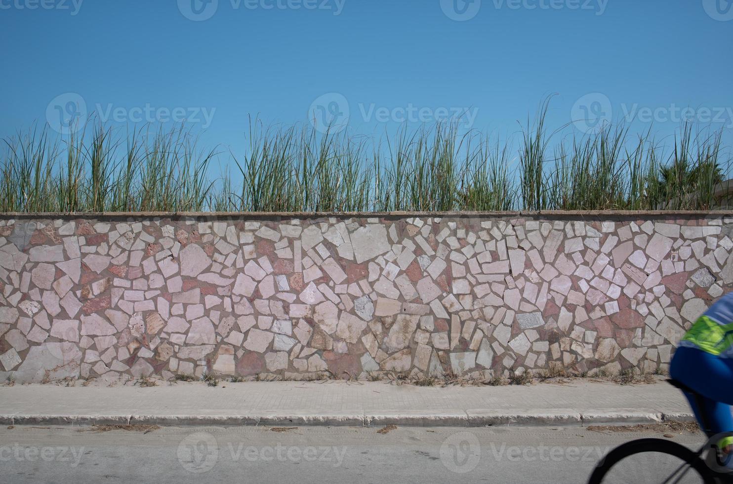 The back of a riding racing cyclist can be seen at the edge of the picture. Beyond is a stone wall, a road, grass growing over the wall against a blue sky. photo
