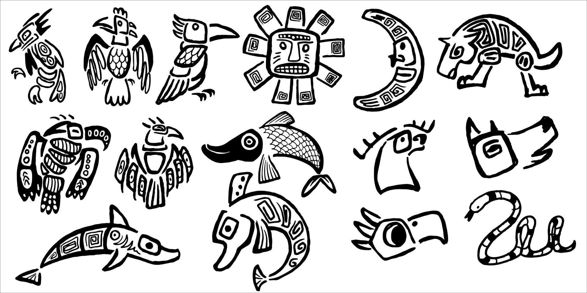 quince juegos dibujados a mano de animales tribales africanos sobre fondo blanco. vector