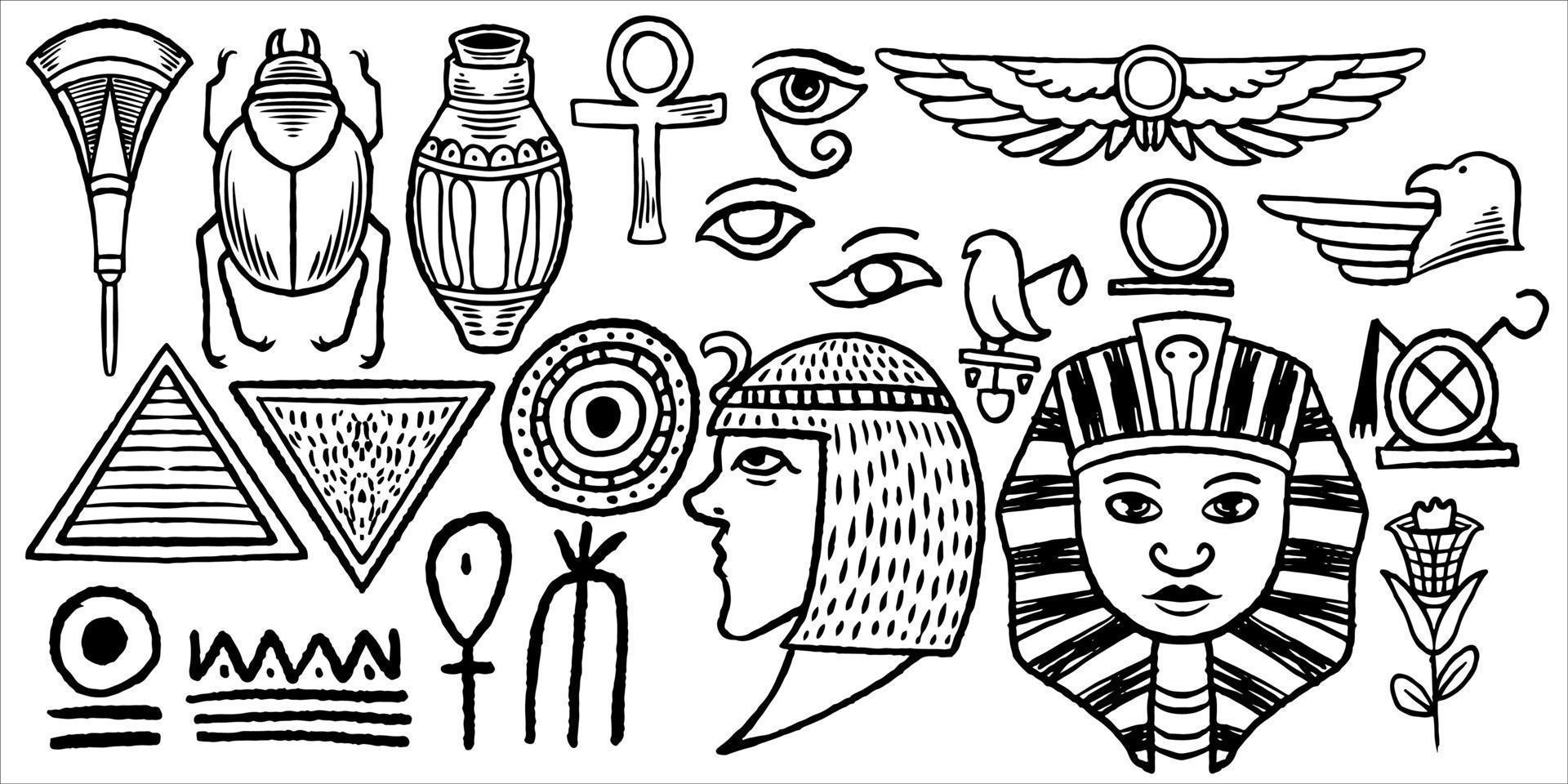 Twenty two hand drawn set of egyptian tribal drawing. vector