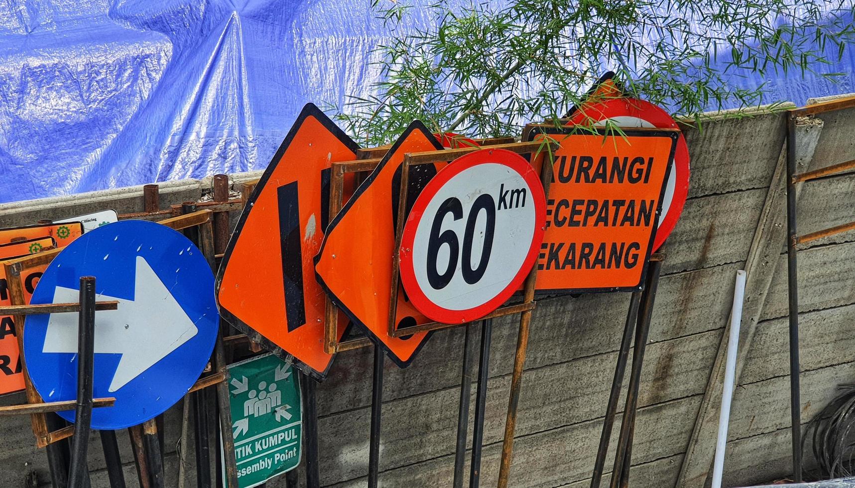 Construction signs that have been fabricated but not yet installed on the construction site. photo