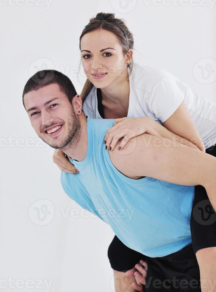 happy young couple fitness workout and fun photo