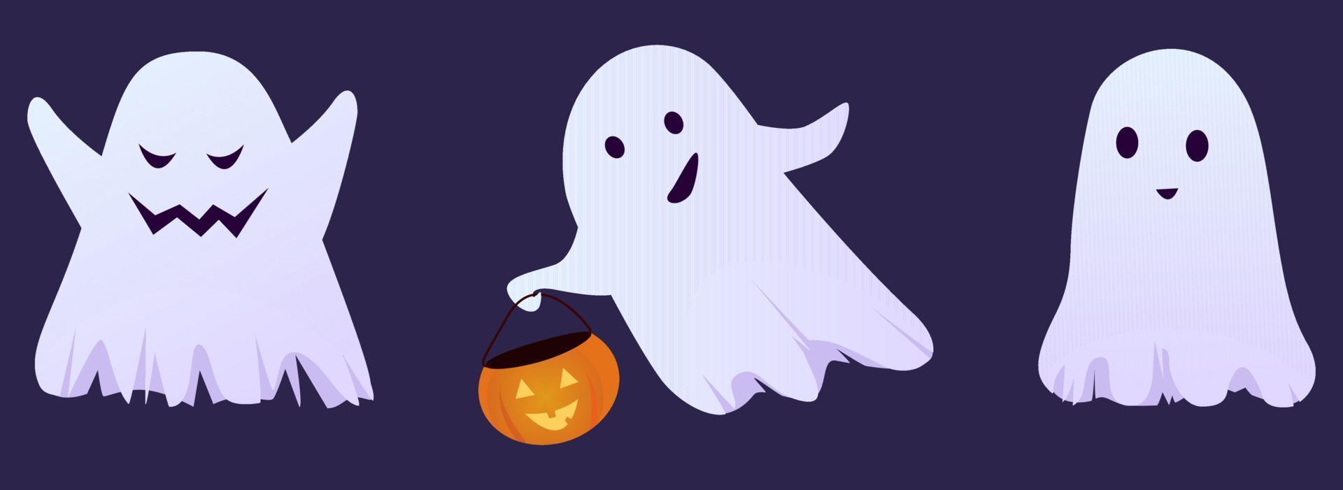 Set of cute funny happy ghosts. Childish spooky boo characters for kids. Magic scary spirits with different emotions and face expressions. Isolated flat cartoon vector illustrations of comic phantoms.