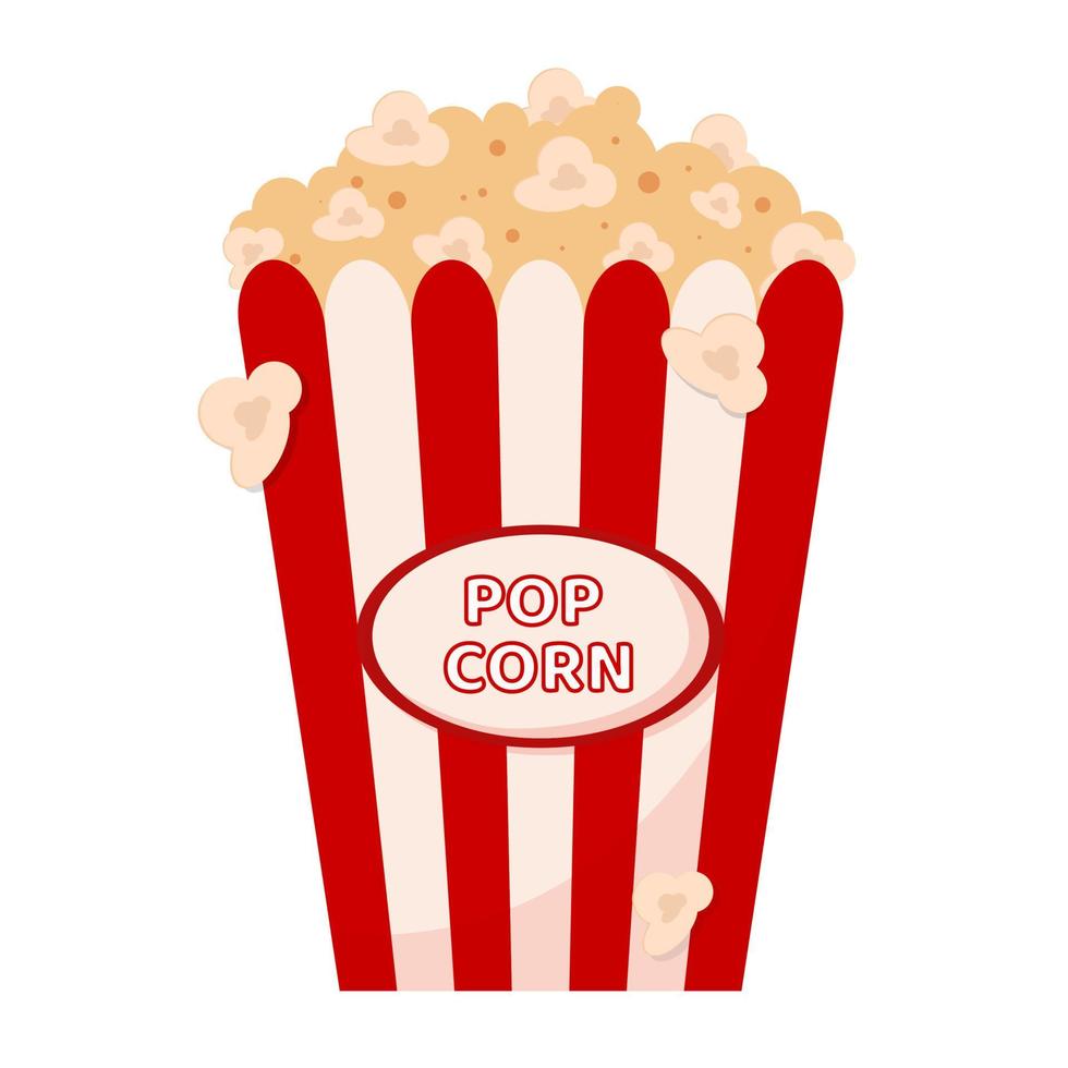 Popcorn isolated on white background. Cinema icon in flat style. Snack food. Big red white strip box. Vector stock.