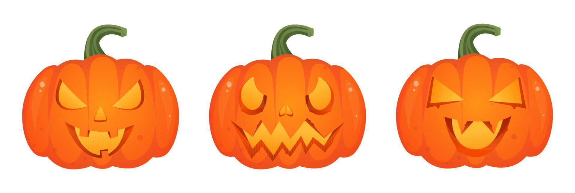 Set pumpkin on white background. Orange pumpkin with smile for your design for the holiday Halloween. Vector illustration.