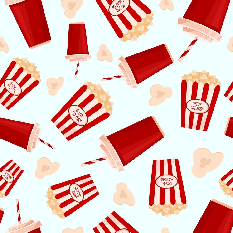 Seamless pattern with striped bucket of popcorn, popcorn kernels and red cup with soda. Cinema junk food. vector