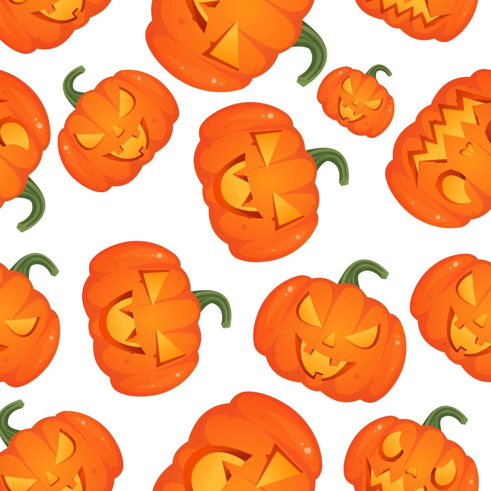 Halloween cartoon pumpkins pattern background. Vector Happy Halloween greeting card and trick or treat party seamless design of pumpkin lantern with skull monster fire eyes and evil face carving
