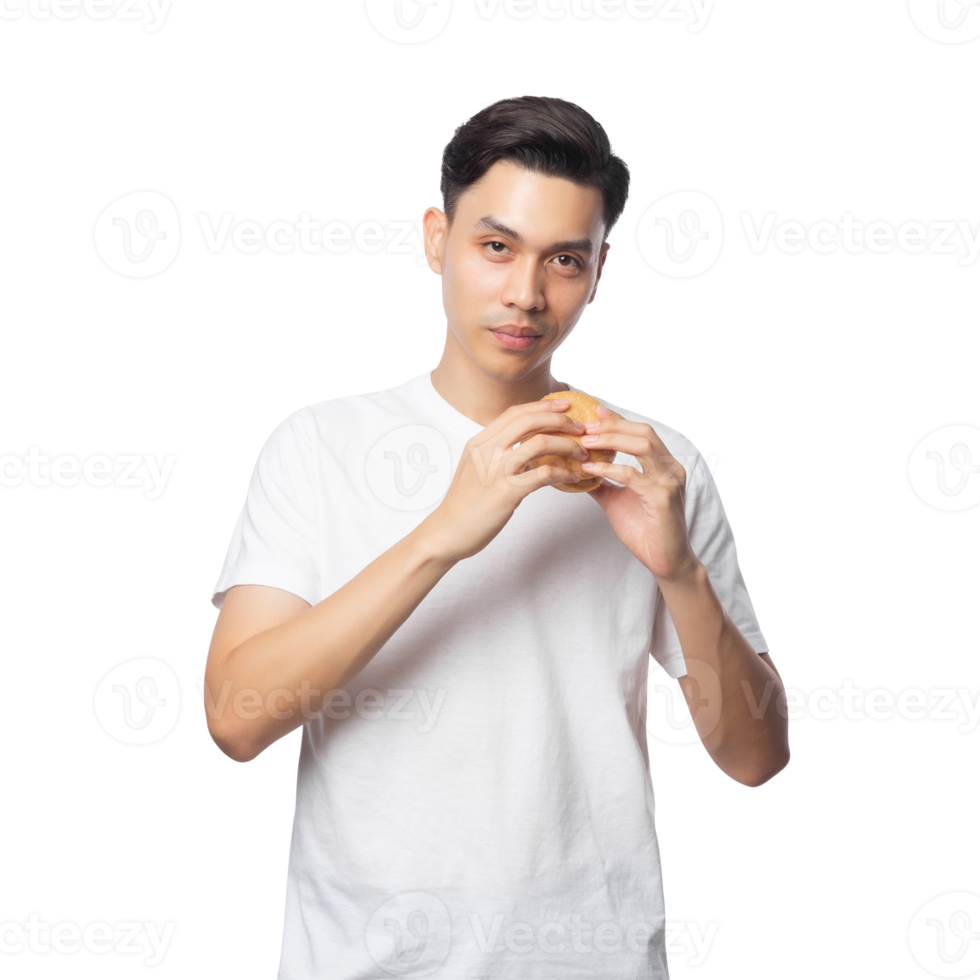 Young asian man with hamburger cutout, Png file