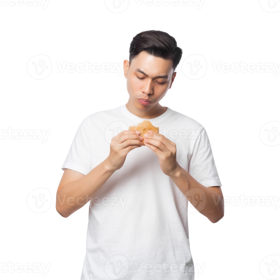 Young asian man with hamburger cutout, Png file