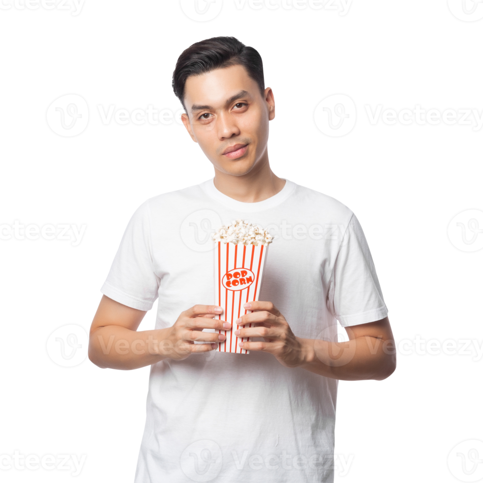 Young asian man holding popcorn cutout, Png file