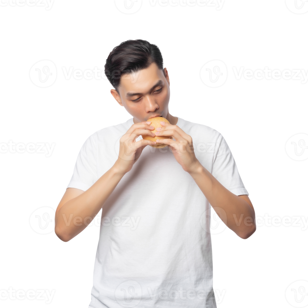 Young asian man with hamburger cutout, Png file