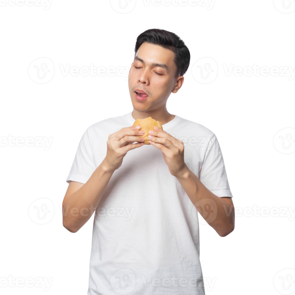 Young asian man with hamburger cutout, Png file