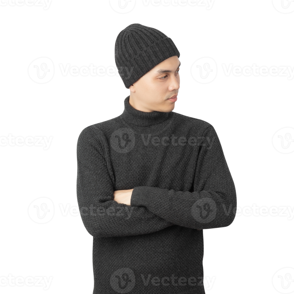 Portrait of Asian man wearing sweater and beanie cutout, Png file