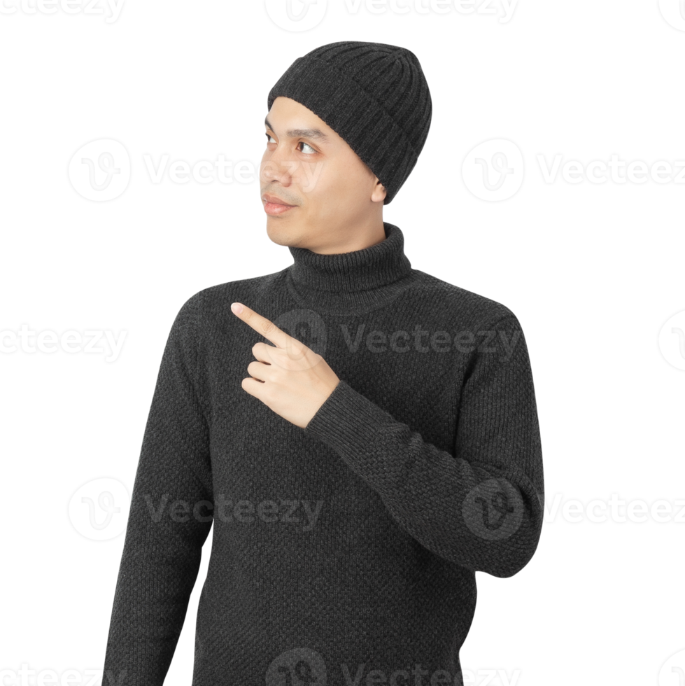 Portrait of Asian man wearing sweater and beanie cutout, Png file