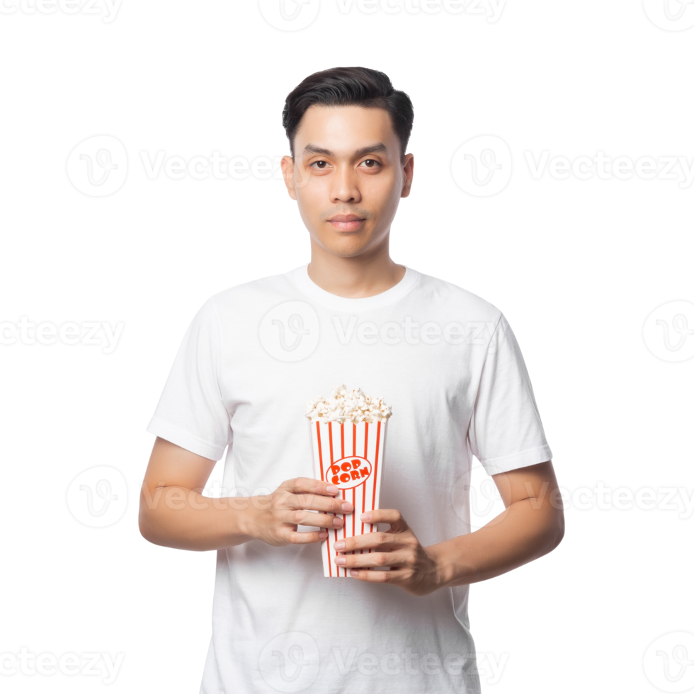 Young asian man holding popcorn cutout, Png file