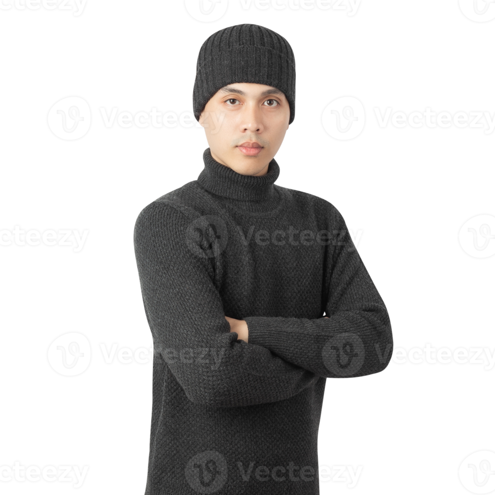 Portrait of Asian man wearing sweater and beanie cutout, Png file