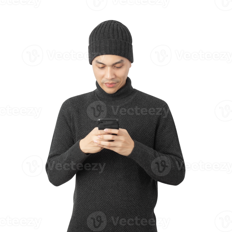 Portrait of Asian man wearing sweater and beanie cutout, Png file