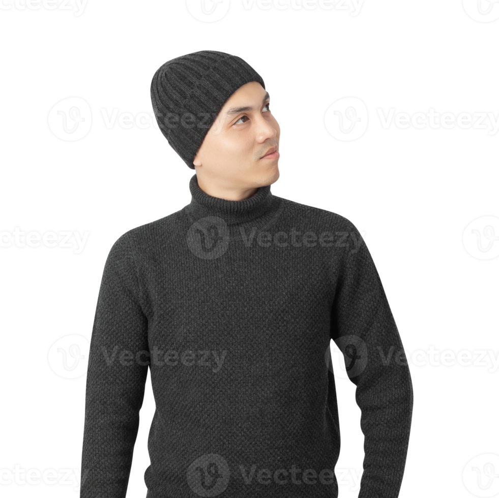 Portrait of Asian man wearing sweater and beanie cutout, Png file