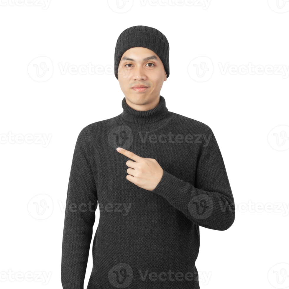 Portrait of Asian man wearing sweater and beanie cutout, Png file