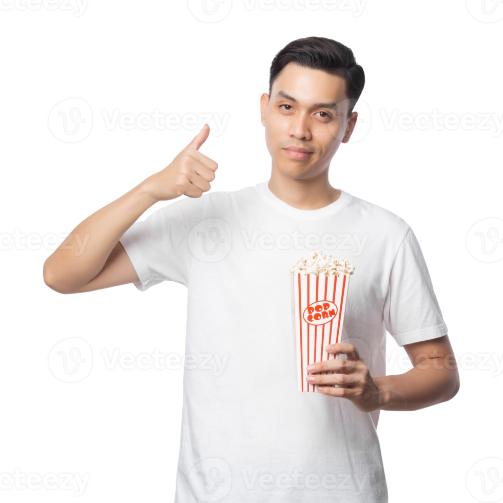 Young asian man holding popcorn cutout, Png file