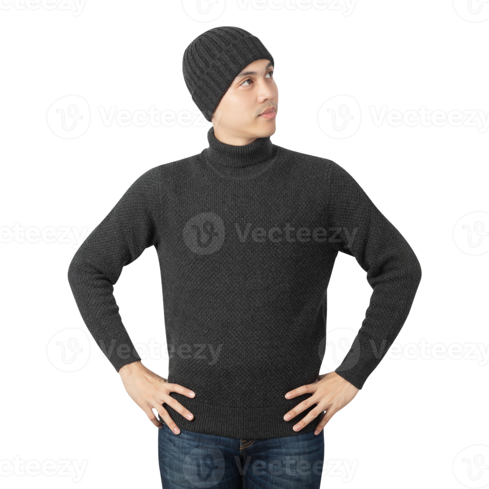 Portrait of Asian man wearing sweater and beanie cutout, Png file