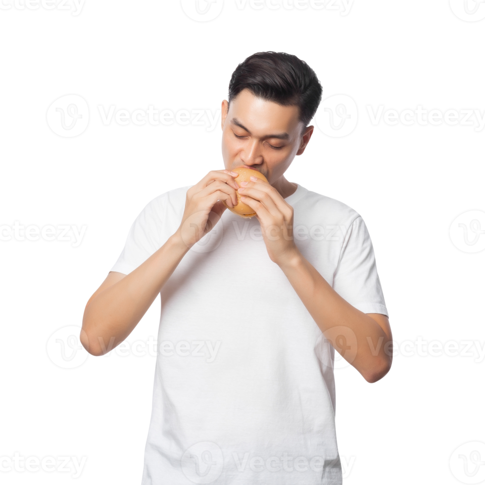 Young asian man with hamburger cutout, Png file