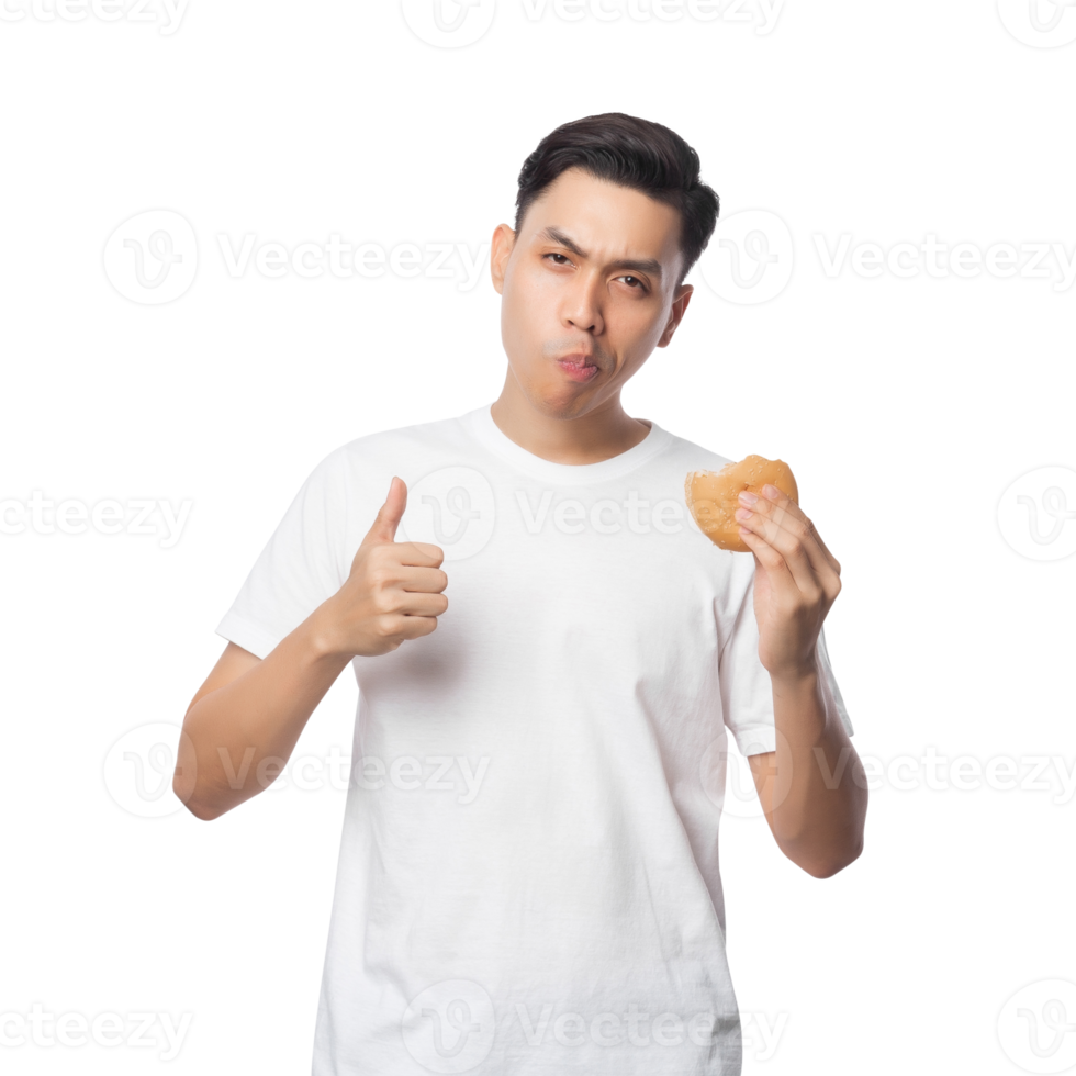 Young asian man with hamburger cutout, Png file