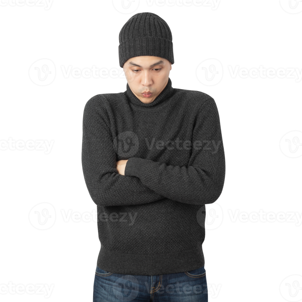 Portrait of Asian man wearing sweater and beanie cutout, Png file