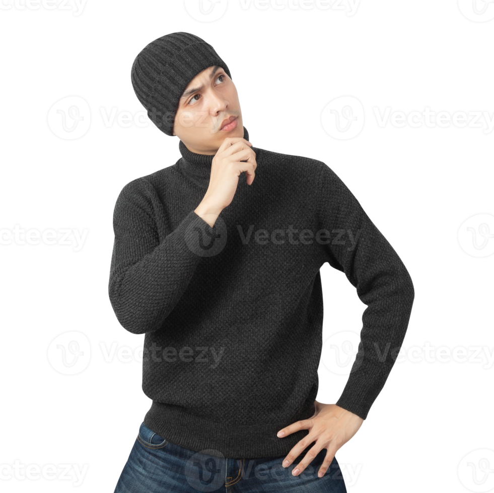 Portrait of Asian man wearing sweater and beanie cutout, Png file