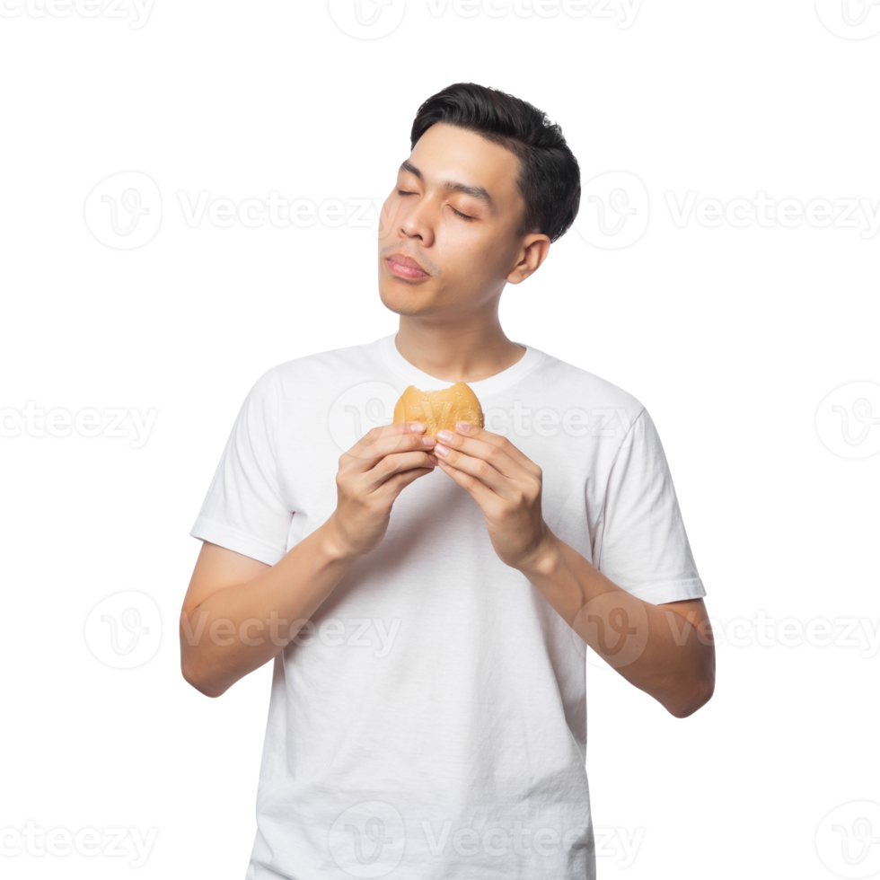 Young asian man with hamburger cutout, Png file