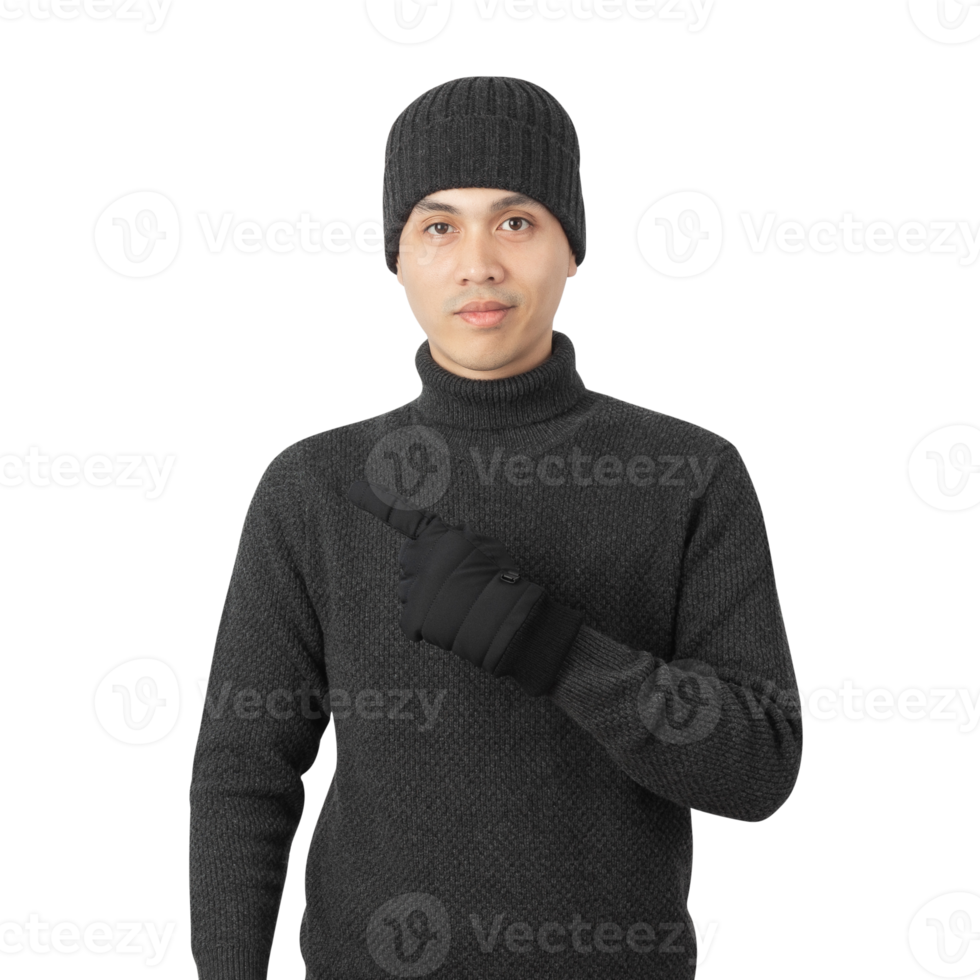 Portrait of Asian man wearing sweater and beanie cutout, Png file