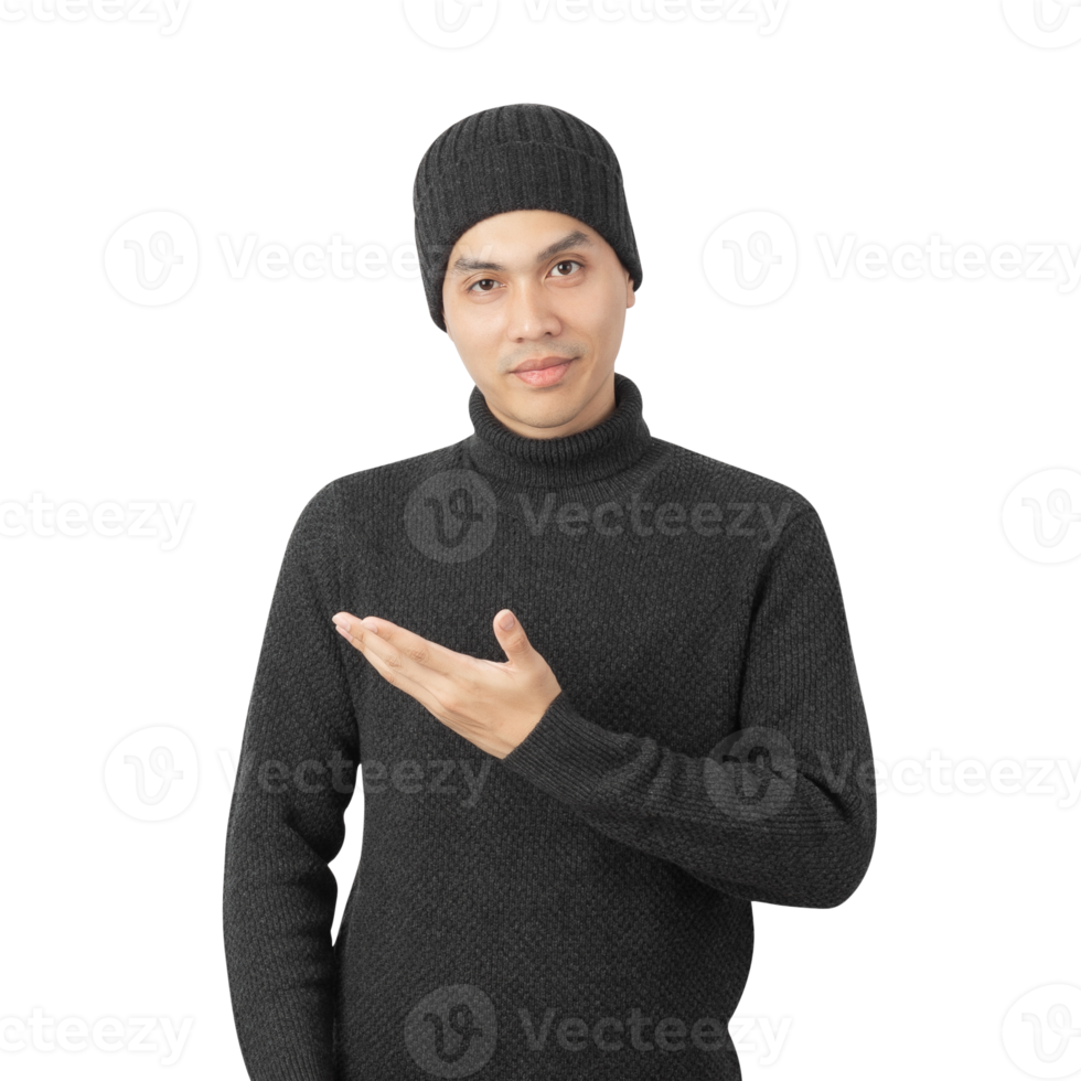 Portrait of Asian man wearing sweater and beanie cutout, Png file