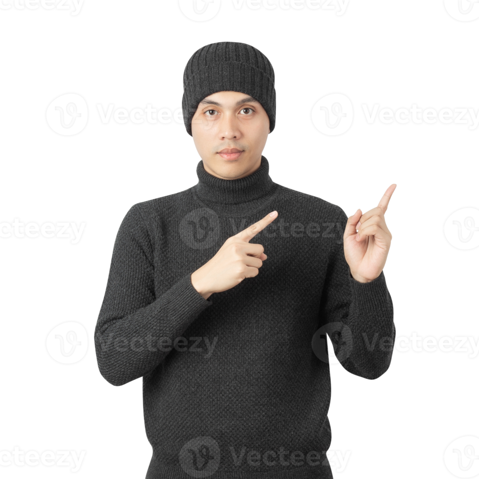 Portrait of Asian man wearing sweater and beanie cutout, Png file