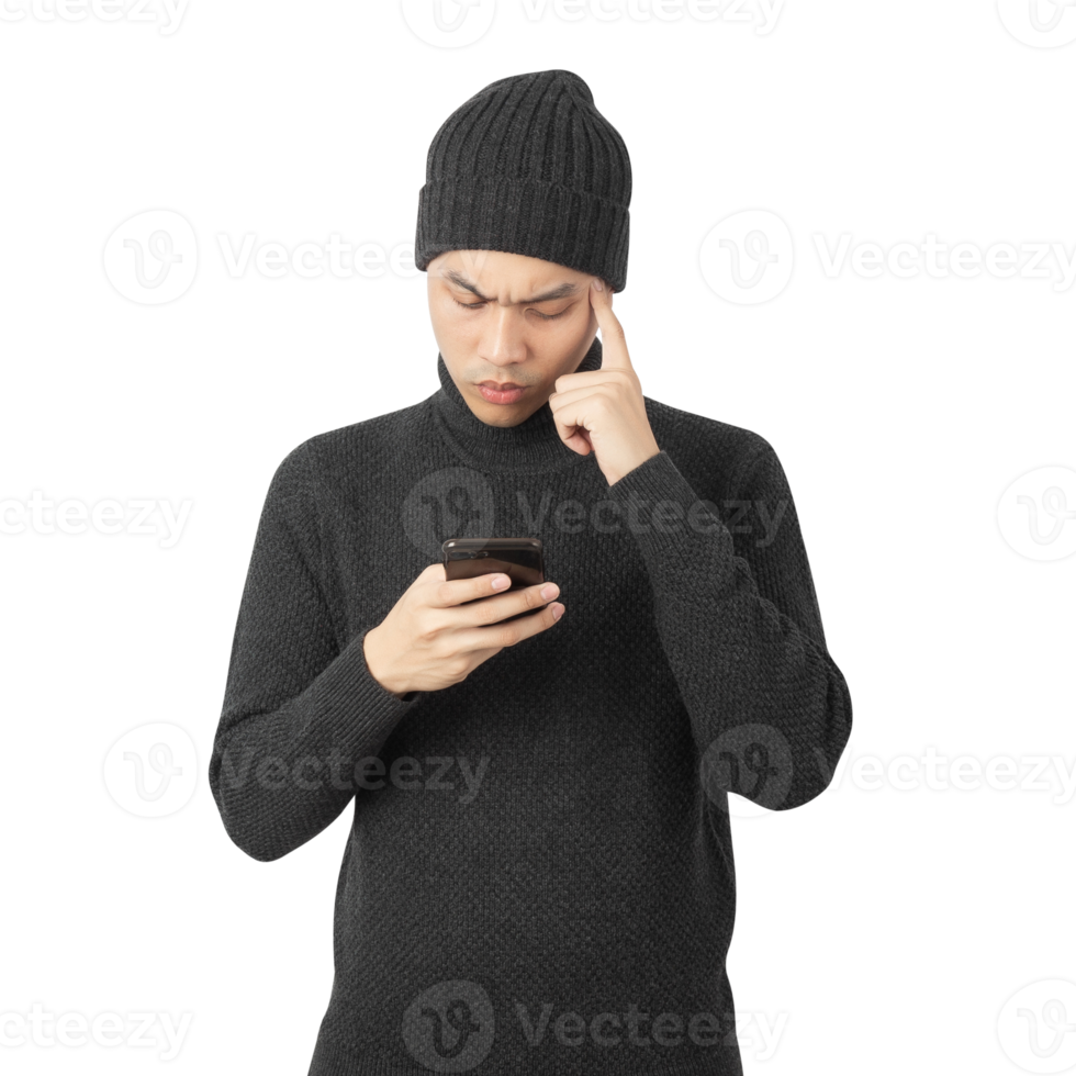 Portrait of Asian man wearing sweater and beanie cutout, Png file