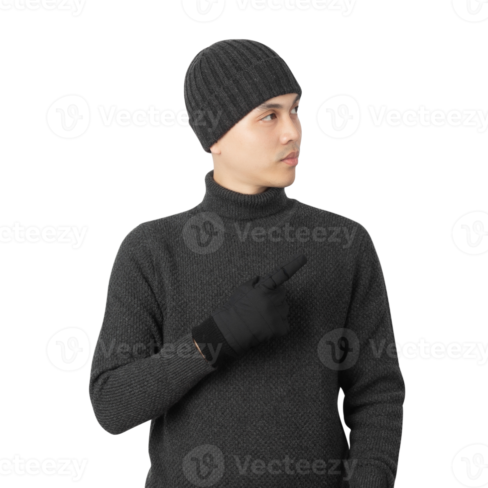 Portrait of Asian man wearing sweater and beanie cutout, Png file