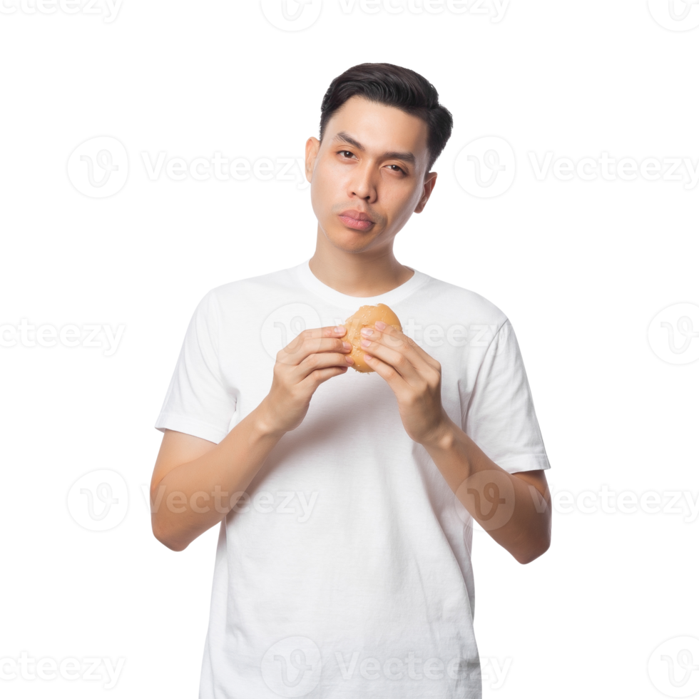Young asian man with hamburger cutout, Png file