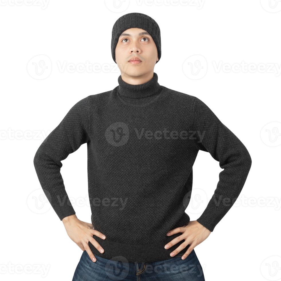 Portrait of Asian man wearing sweater and beanie cutout, Png file