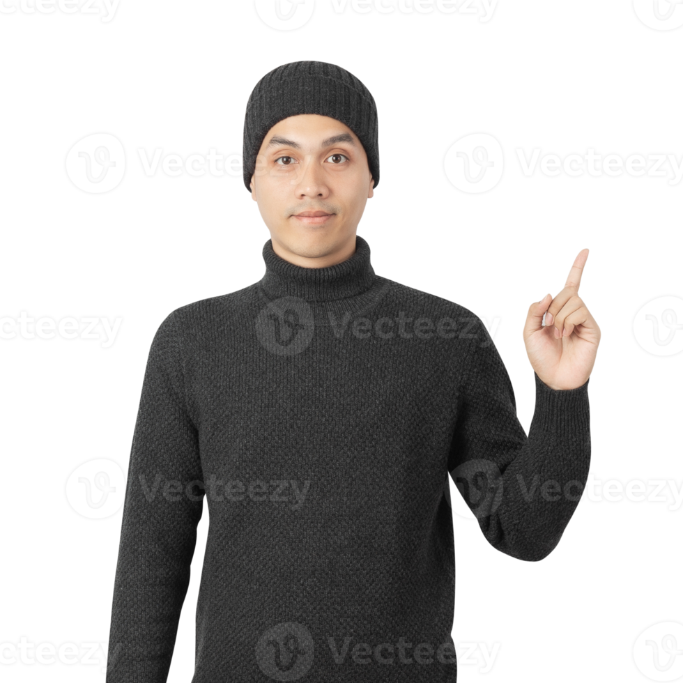 Portrait of Asian man wearing sweater and beanie cutout, Png file