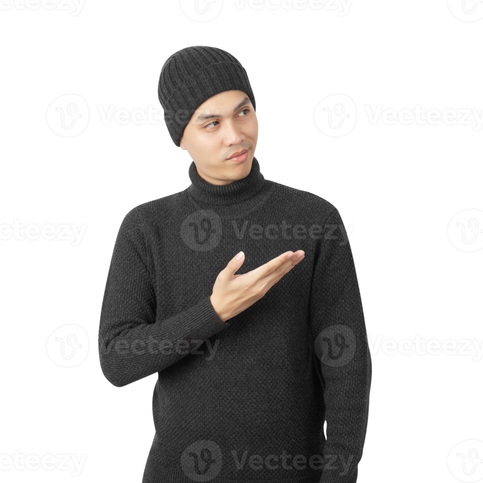 Portrait of Asian man wearing sweater and beanie cutout, Png file