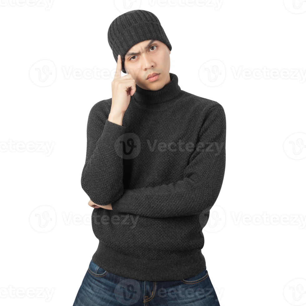Portrait of Asian man wearing sweater and beanie cutout, Png file