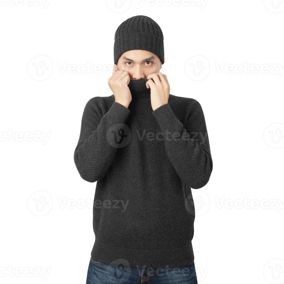 Portrait of Asian man wearing sweater and beanie cutout, Png file