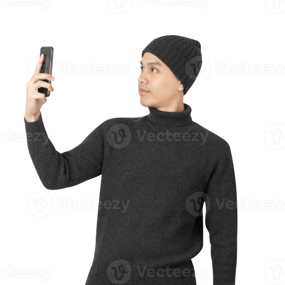 Portrait of Asian man wearing sweater and beanie cutout, Png file