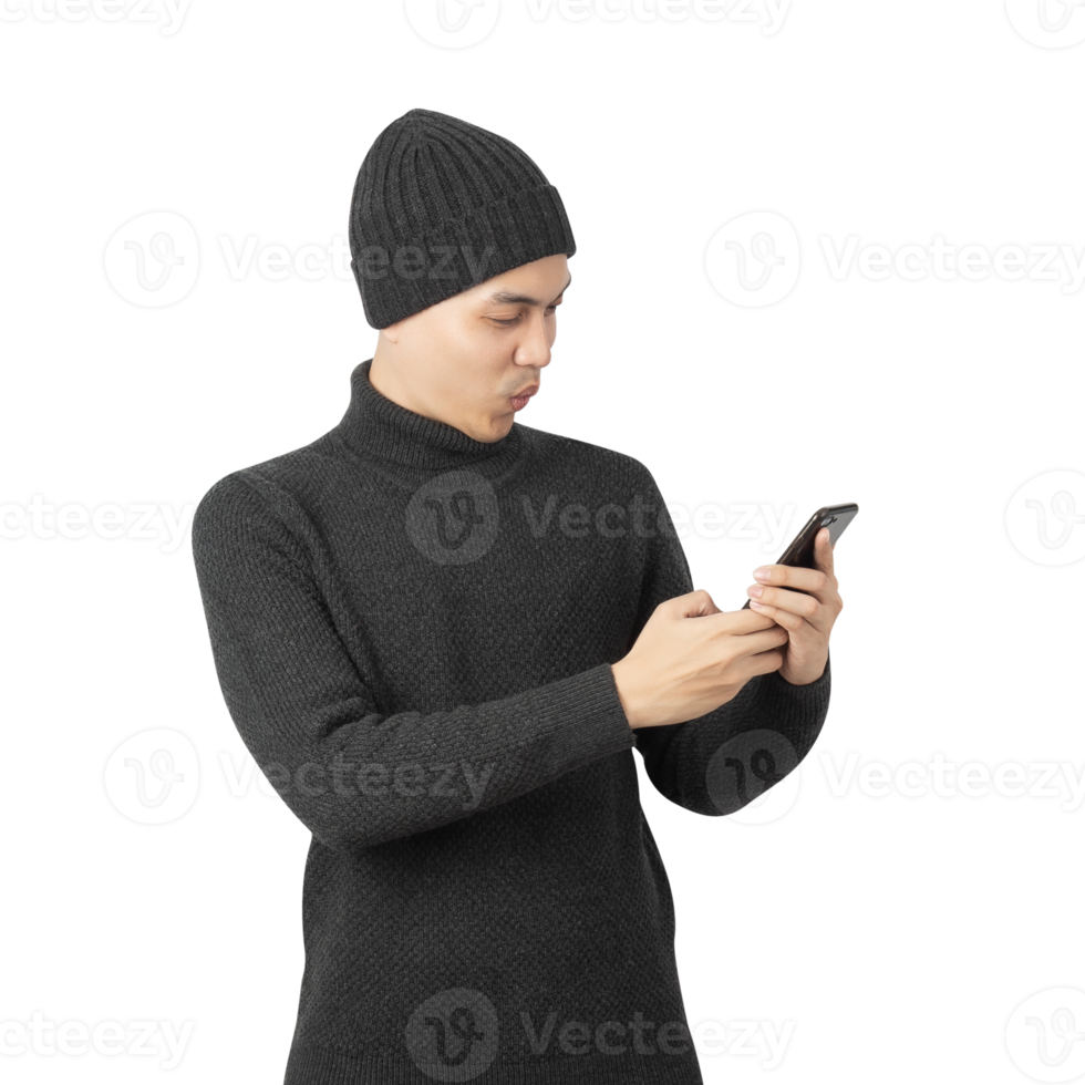 Portrait of Asian man wearing sweater and beanie cutout, Png file