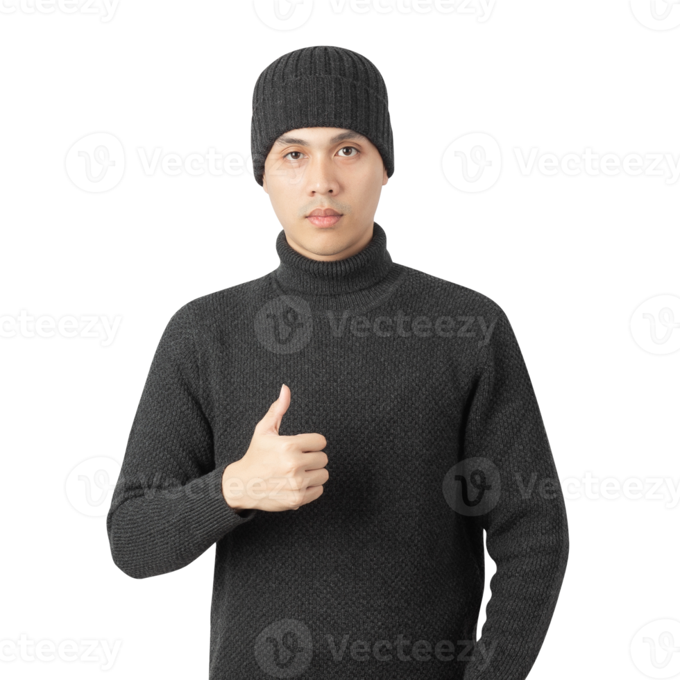 Portrait of Asian man wearing sweater and beanie cutout, Png file