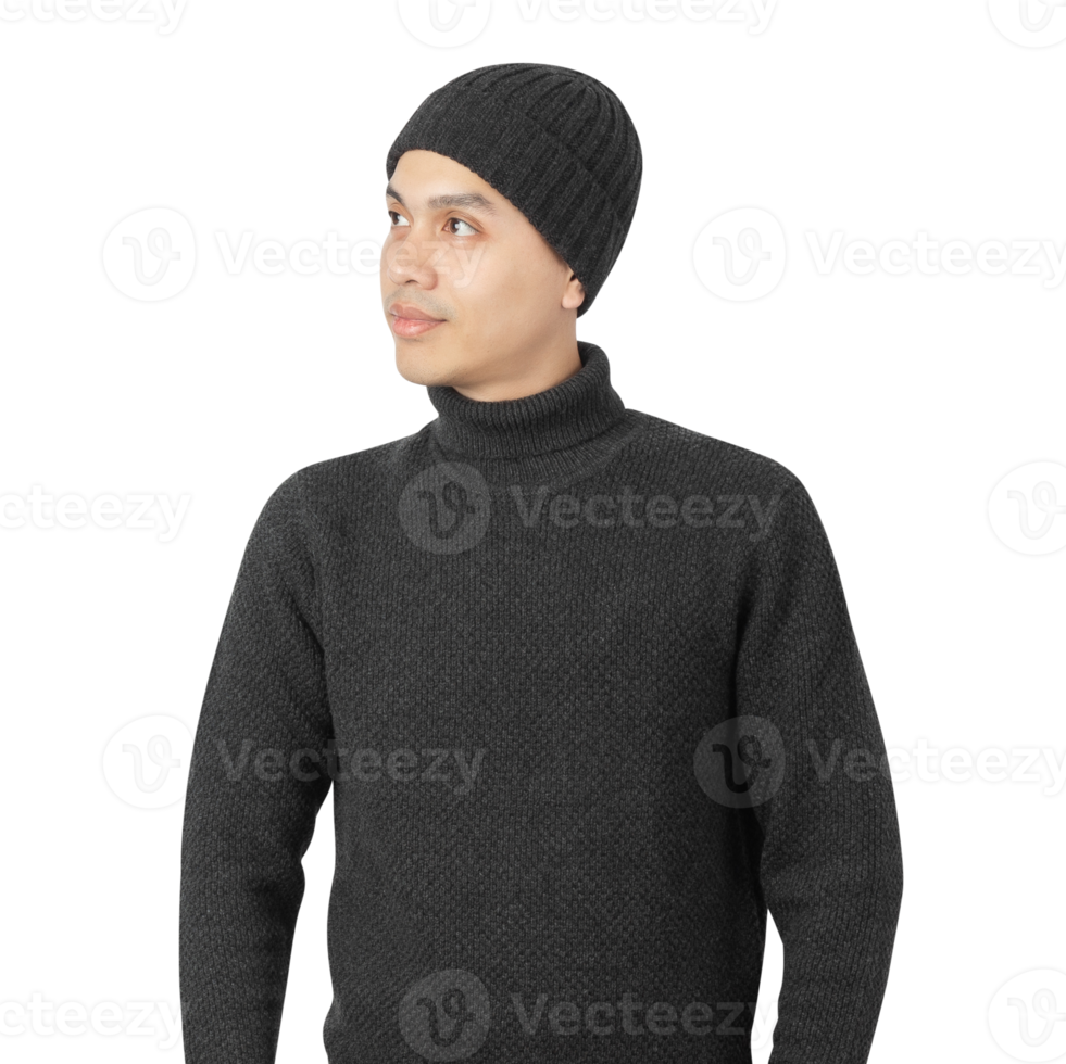 Portrait of Asian man wearing sweater and beanie cutout, Png file