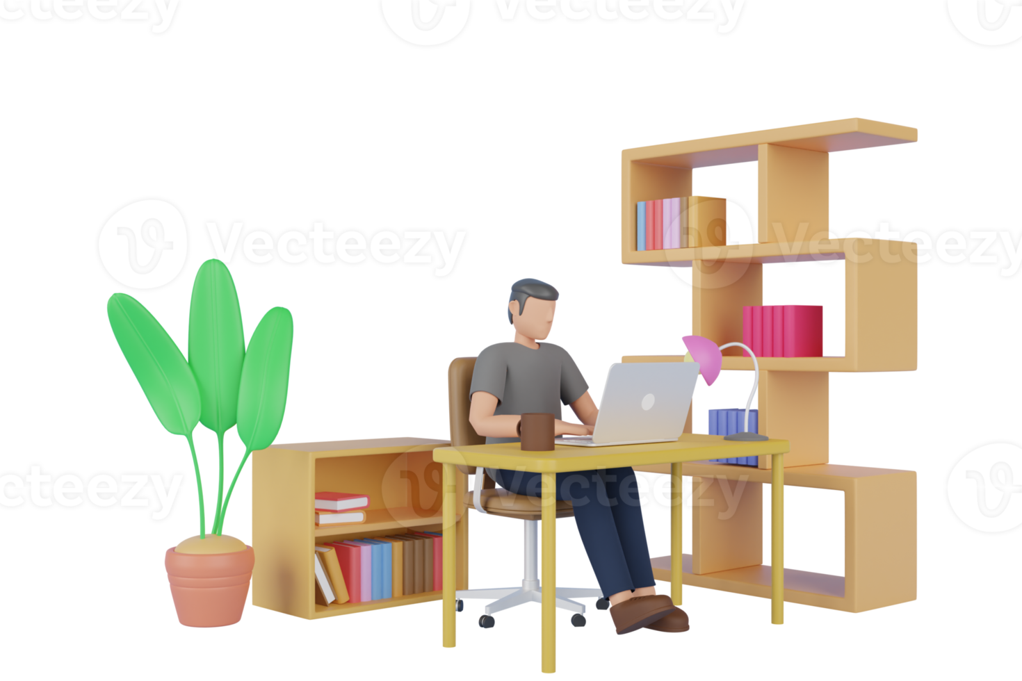 Free Home Office 3D render. 3D illustration of young man using laptop and working at the desk in office with coffee cup. Workplace concept. 3d rendering 10974026 PNG with Transparent Background Free Home Office 3D render. 3D illustration of young man using laptop and working at the desk in office with coffee cup. Workplace concept. 3d rendering 10974026 PNG with Transparent Background