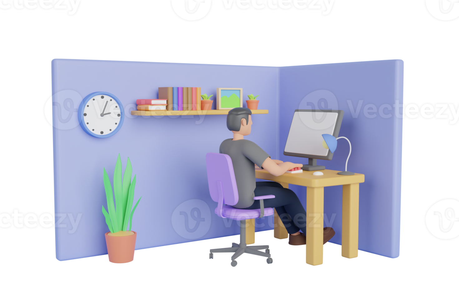 3D Man sitting in front of laptop, man work on computer. employee in a suit working on a laptop computer at his clean and sleek office desk. 3d rendering png