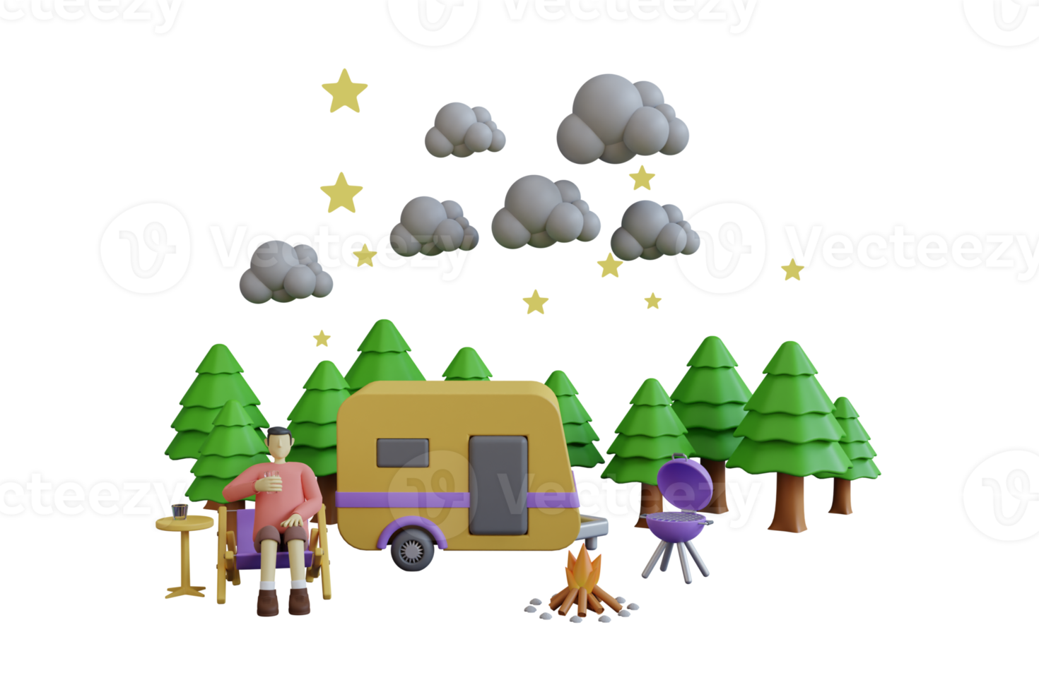 una autocaravana amarilla en un bosque de pinos rodeada de nubes y estrellas. concepto de viaje y camping. representación 3d. png